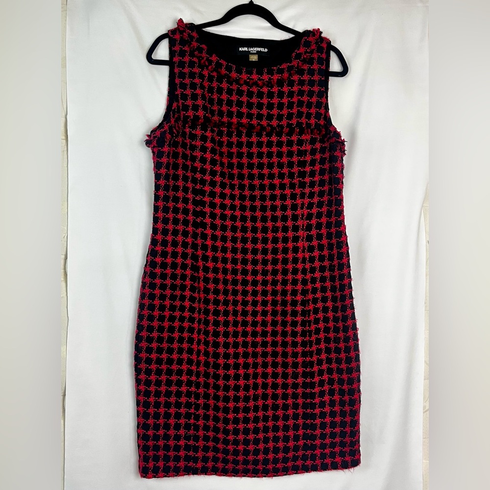 Karl Lagerfeld Red and Black Tweed Sheath Dress